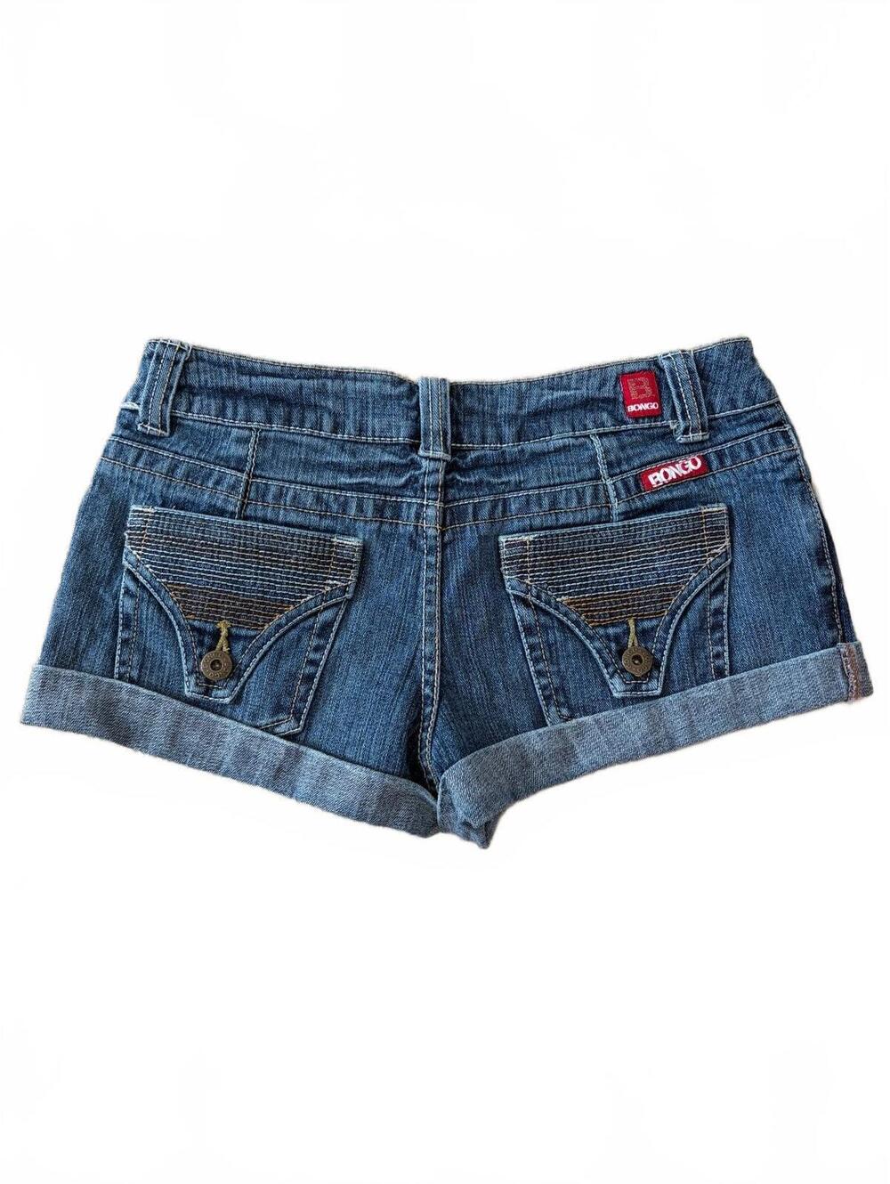 Bongo Mini Denim Shorts Blue Cuffed Low Rise Floral Lined Flap Pockets